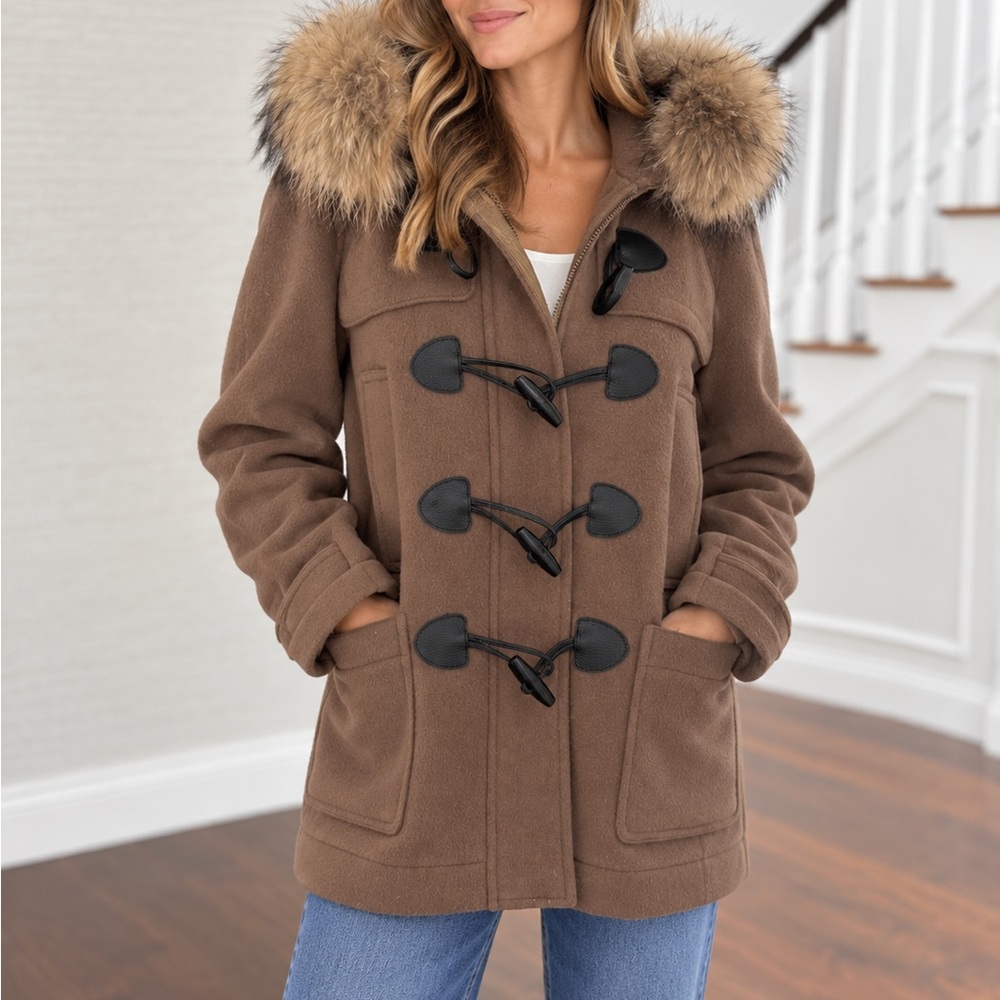 Burberry Brown Toggle Pea Coat with Faux Fur Trim